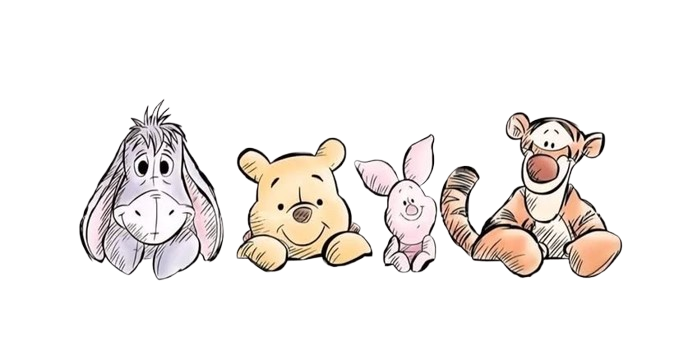 Winnie the Pooh and friends in birthday hats peeking over the top of the card